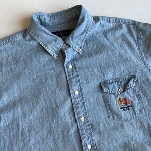Vintage Ralph Lauren Blue Chambray USA Flag Embroidered SS Button Shirt Mens XXL